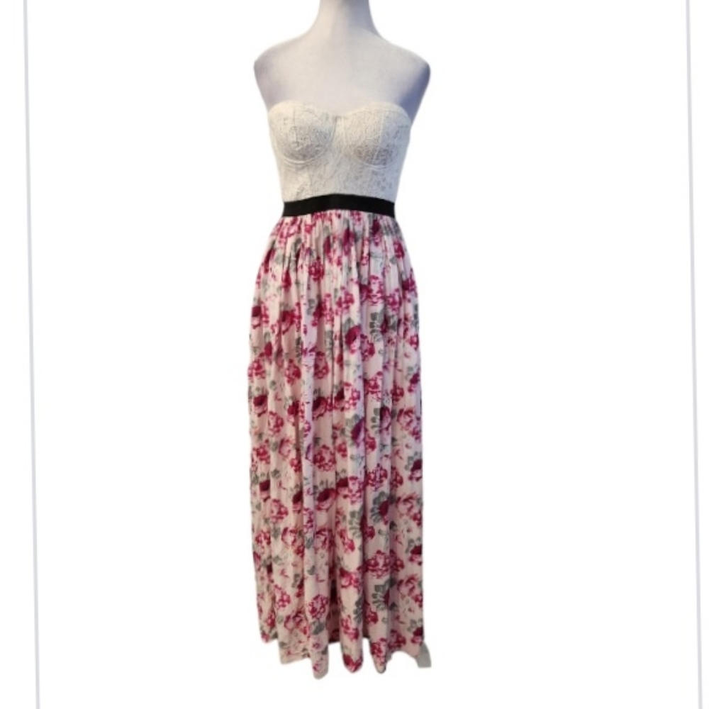 White Bustier/Corset Top with Floral Rose Print Skirt Maxi Dress